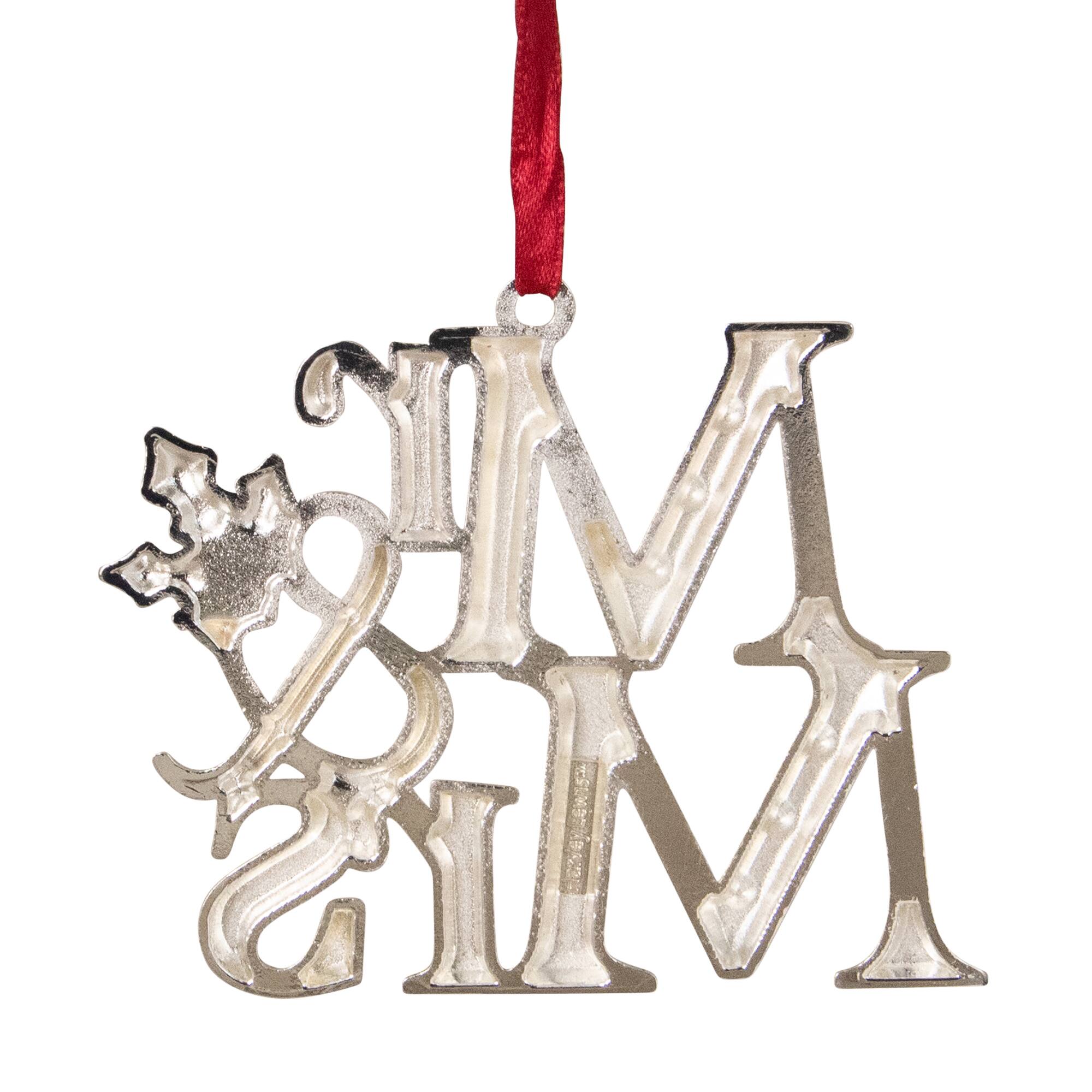 3.75" Silver "Mr & Mrs" with Holly Leaves Ornament
